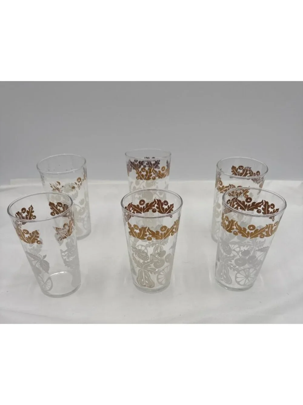 Set Of 6 Vintage Federal Glass Tumblers Gold & White Fruit Floral Design 5